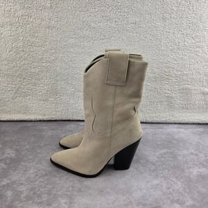 Beige Faux Suede Western Ankle Boots Pointed Toe Block Heel Size 6 Sand Booties